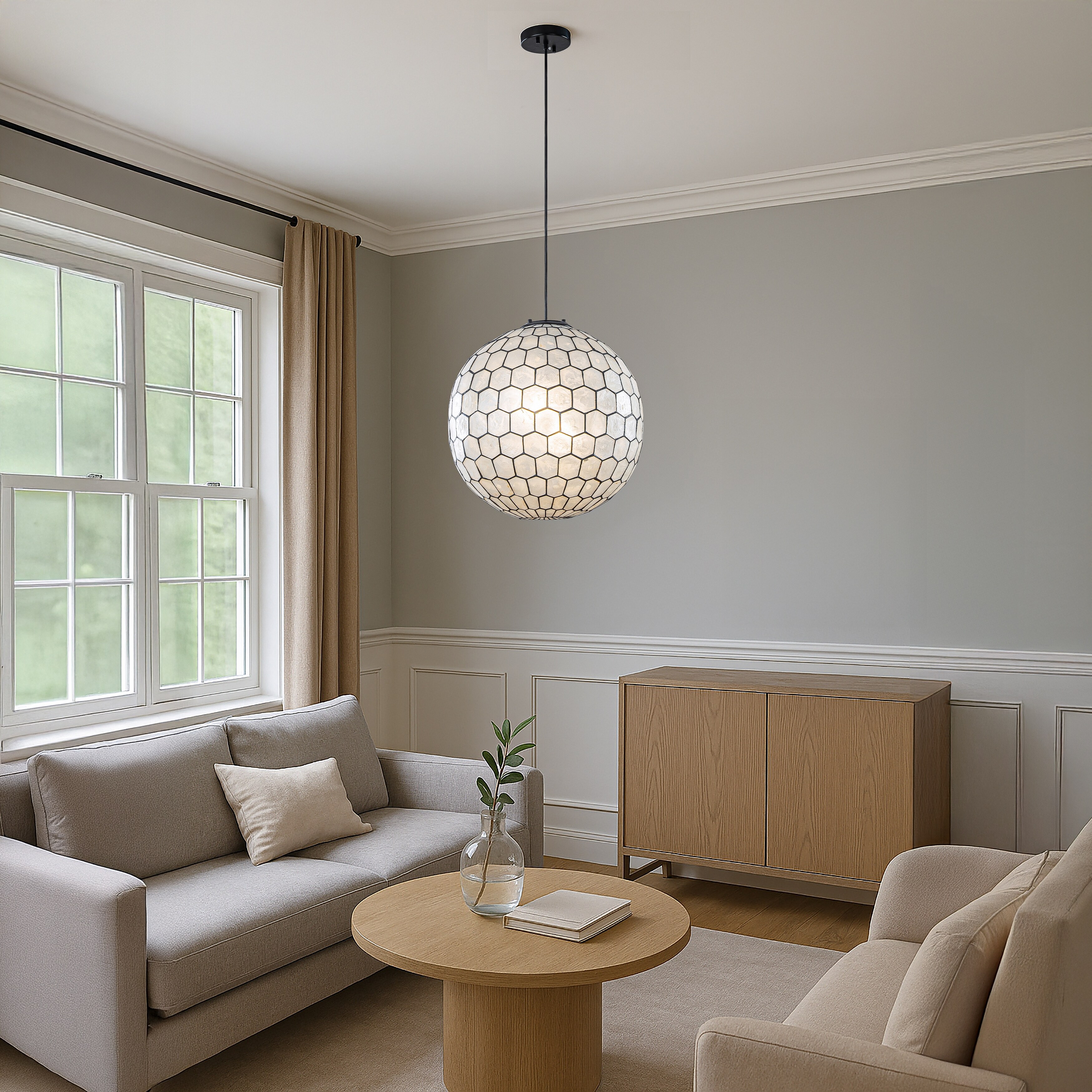 3-Light 18'' Matte Black Cosatal Natural CAPIZ SHELL Globe Lantern