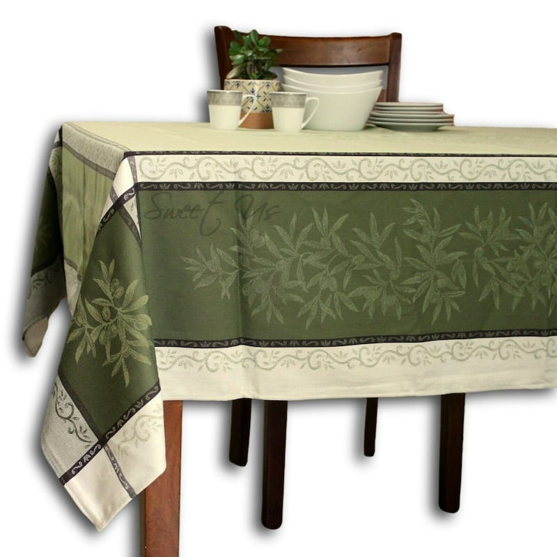 Wipeable Spill Resistant French Cotton Olive Jacquard Tablecloth - 63 x 98 in - Green