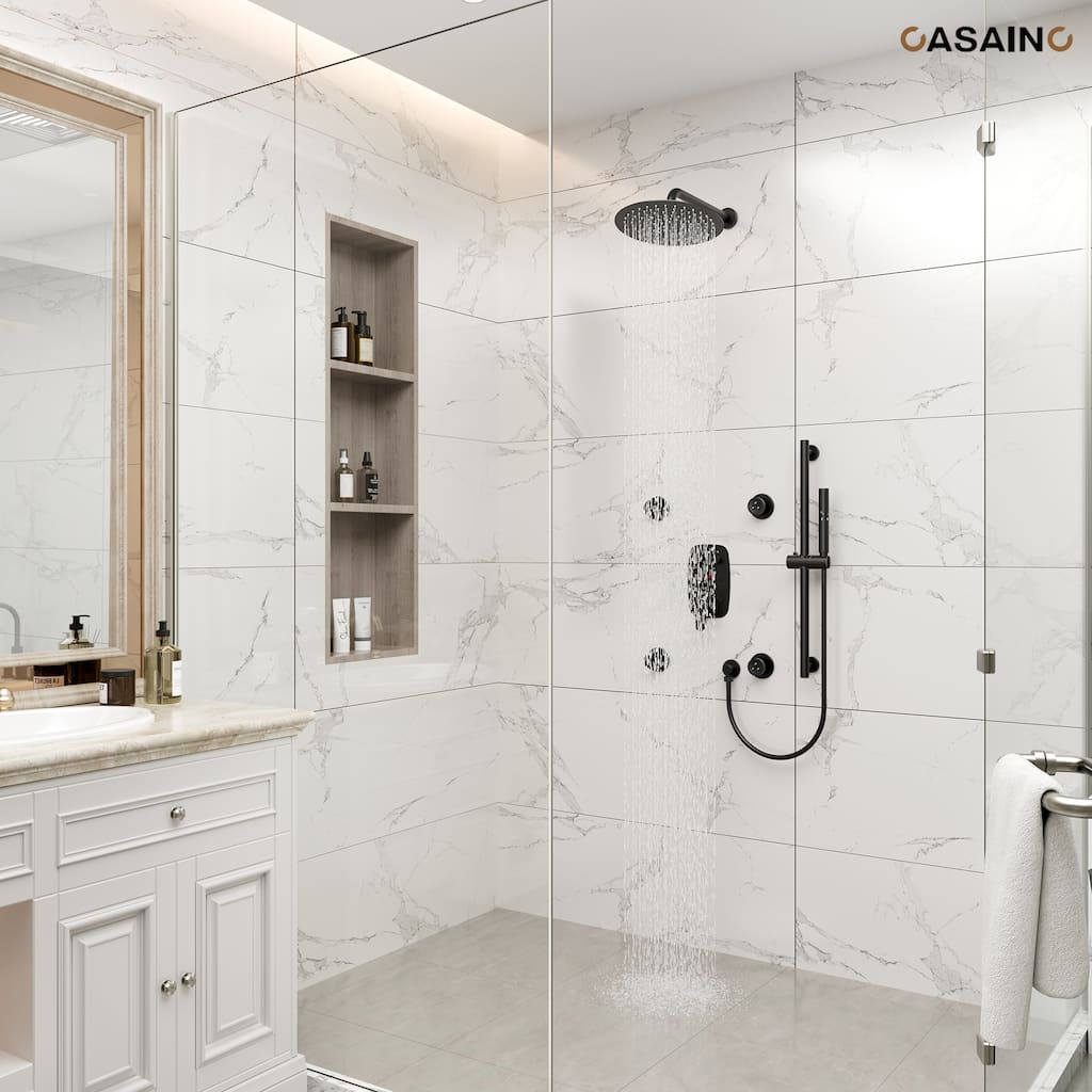 3-Spray Patterns 12 in. Dual Shower Head Fixed and Handheld Shower Head with Digital Display, 4 Body Jets, and Pressure-Balanced
