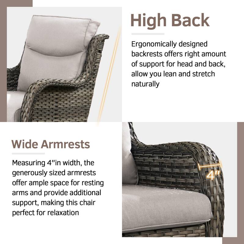 3 Piece Wicker Rocking Charis with Rattan Side Table - Grey