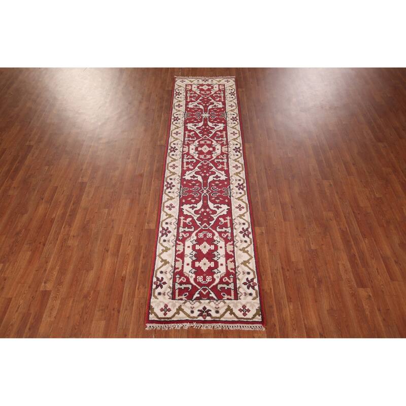 All-Over Red & Ivory Oushak Indian Runner Rug Handmade Wool Carpet - 2'6"x 9'9"
