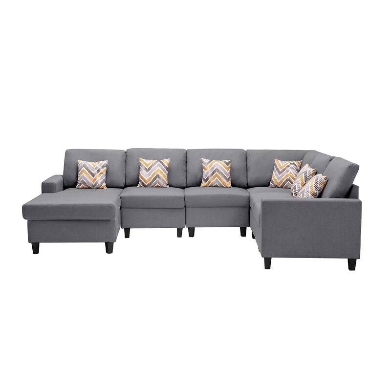 Linen Fabric 6 Piece Reversible Chaise Sectional Sofa with 6 Pillows and Interchangeable Legs