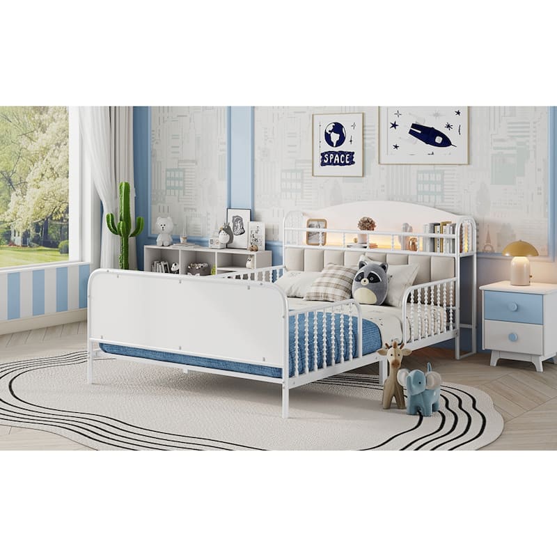 Roomfitters Twin/Full Metal Platform Bed, LED Storage Headboard and Guardrails with Metal Frame for Bedroom or Guest Room