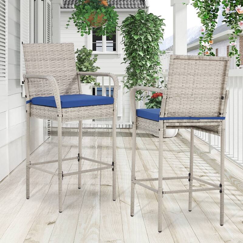 AVAWING All-Weather Wicker Bar Stools - Cushioned, Ergonomic, for Patio & Poolside - Black/Brown/Grey - Grey-2-Piece