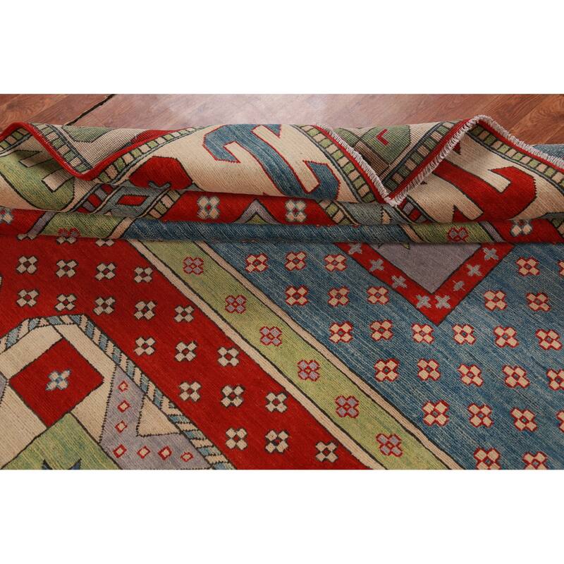 Hand Knotted Oriental 100% Wool Carpet Traditional Geometric Multi-Colored Kazak Area Rug - 11' 7'' X 8' 6''