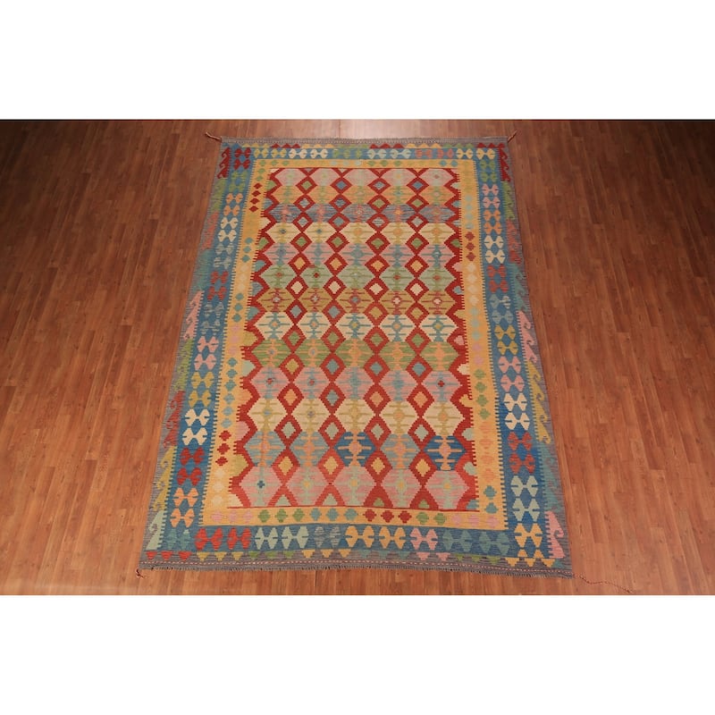 Geometric Kilim Oriental Area Rug Multi-Color Flatweave Wool Carpet - 8'4" x 11'10"