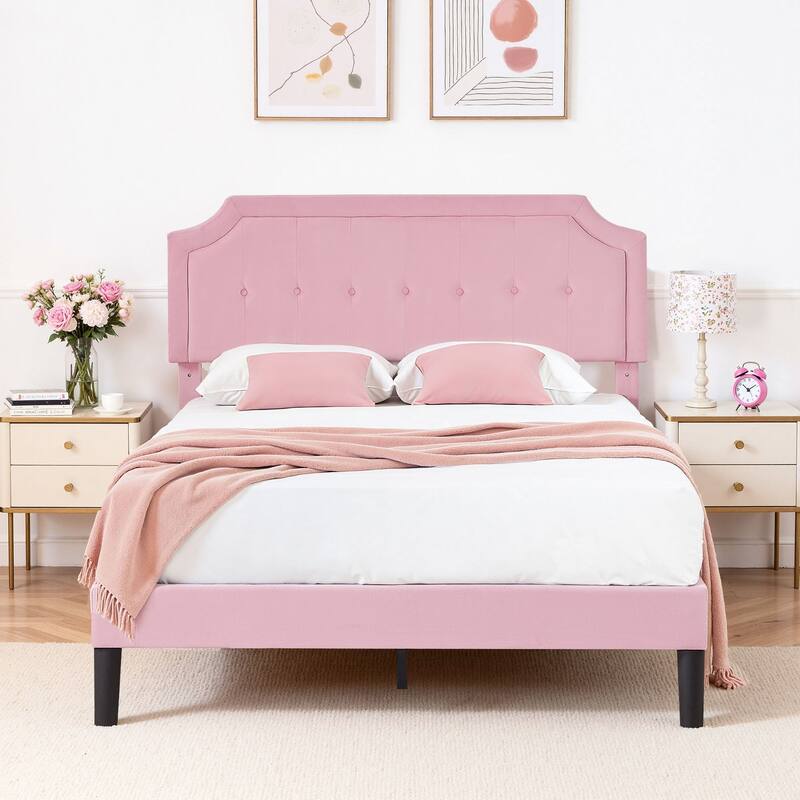 Javlergo Modern Upholstered Bed Frame with Height Adjustable Headboard Heavy-Duty Frame No Box Spring Needed - Pink - Queen