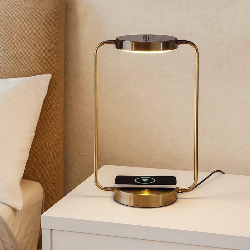 Gizo 21 Inch Table Lamp, LED Light, Wireless Charging, Metal Base, Brass