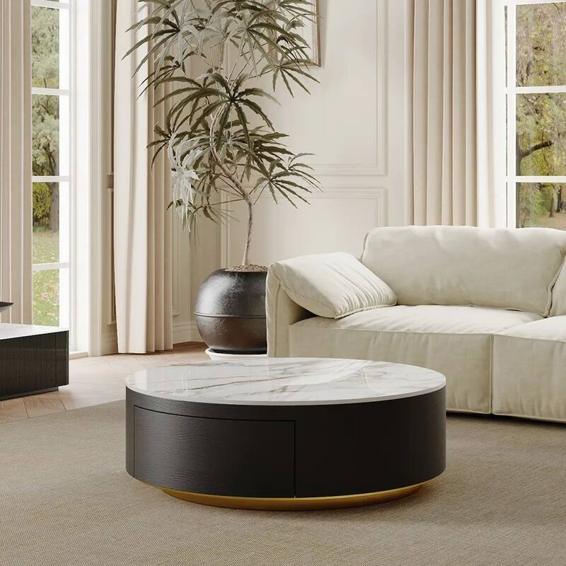 Modern Drum Coffee Table with Oak Veneer, Sintered Stone Coffee Table with 2 Solid Wood Drawers, Fully Assembled, White