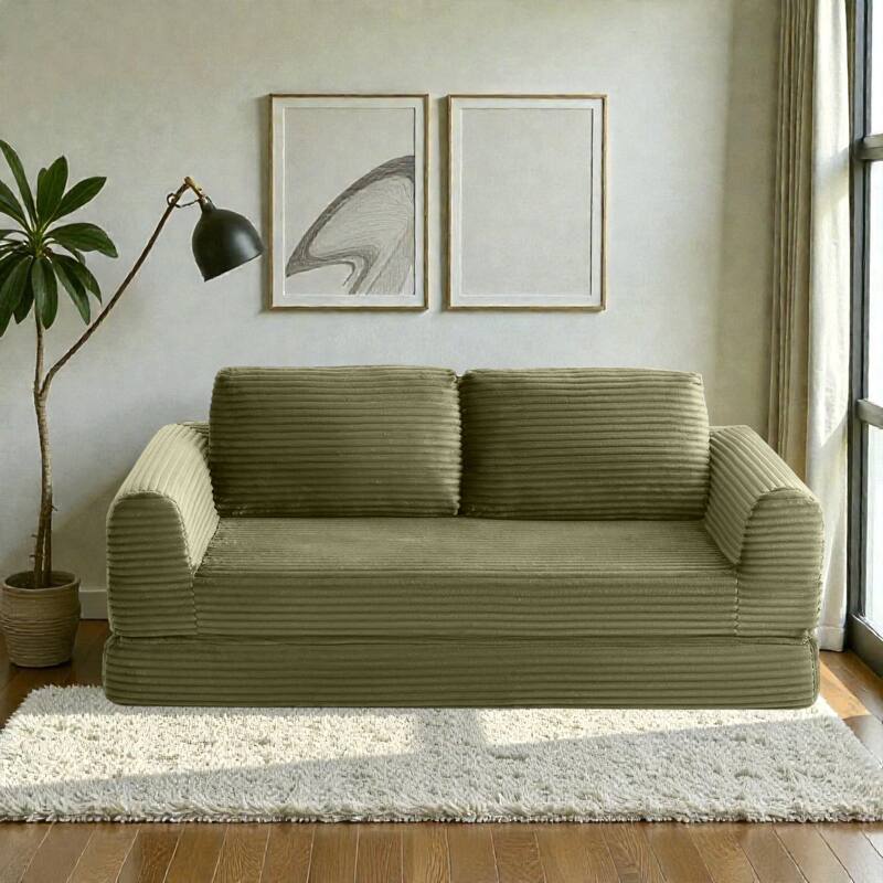 2 in 1 Folding Sofa Bed, Corduroy Convertible Sleeper Couch with Pillows, Boneless Futon Floor Sofa - Green