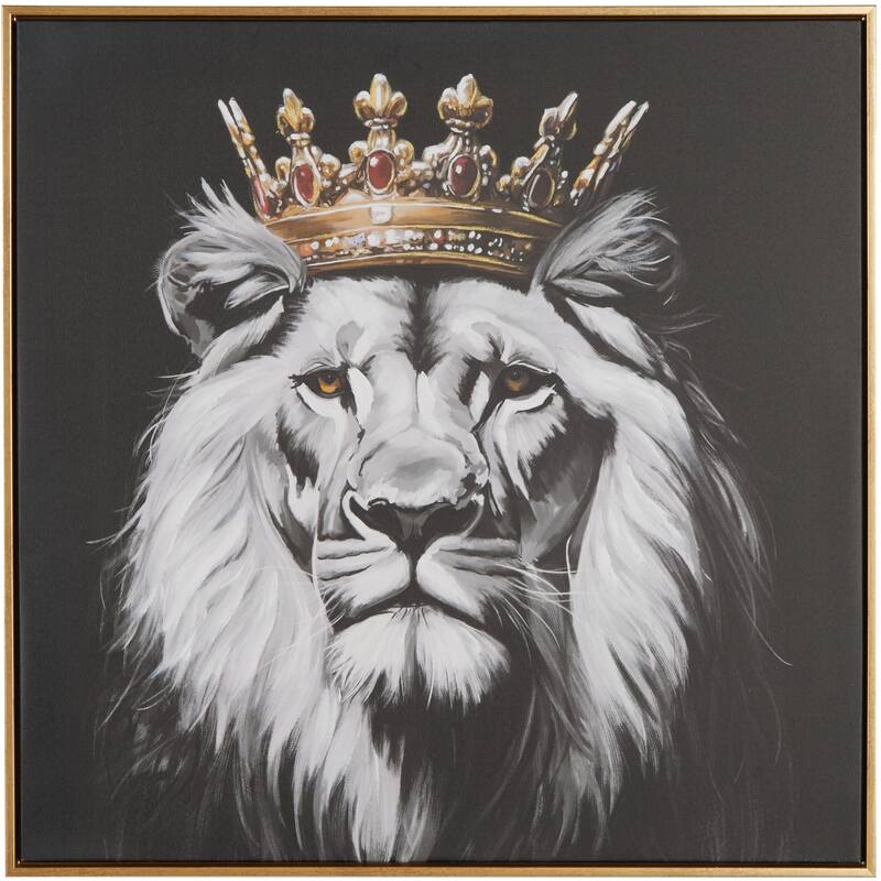Polystone Lion Shaded Framed Wall Art with Gold Jeweled Crown - Black - Roche River Decor