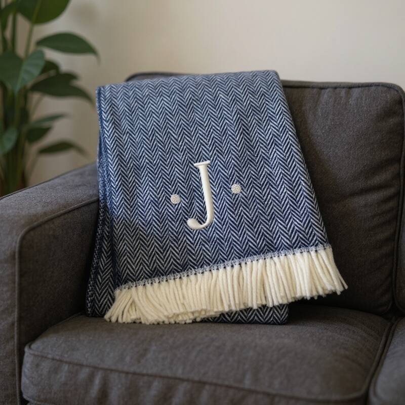 HomeRoots 55" X 70" Navy Blue And White Herringbone Cotton Blend J Throw Blanket with Tassels And Embroidery - Throw - Navy Blue/White