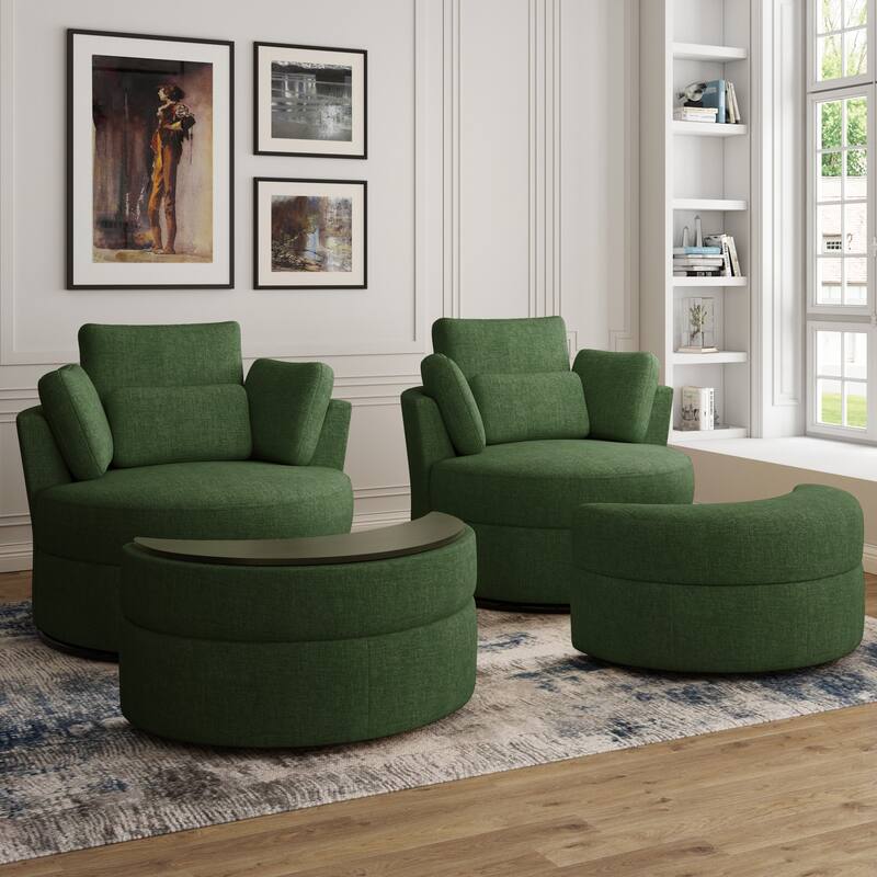 Upholstered Swivel Barrel Armchair with Storage Ottoman (Set of 2) - Chair&Ottoman set - Green Chenille