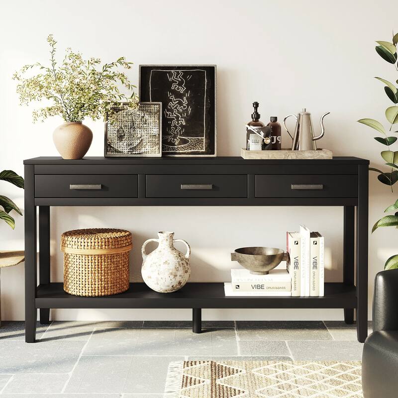 Farmhouse Entryway Table with 3 Drawers, Painted Console Table with Bottom Shelf & Iron Handles - Black