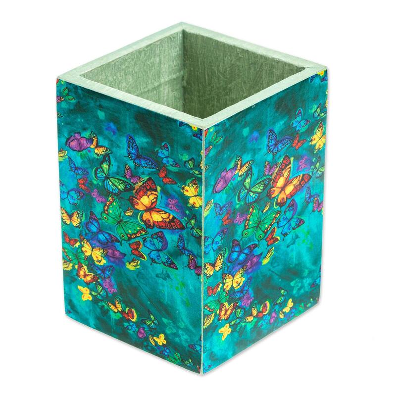 Novica Handmade Paradise Butterflies Decoupage Pencil Holder