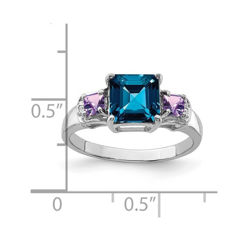 Curata 925 Sterling Silver London Blue Topaz Amethyst and Diamond Ring