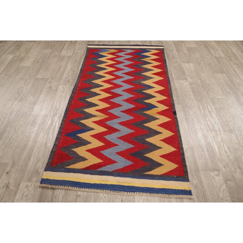 Geometric Chevron Kilim Oriental Kitchen Area Rug Wool Hand-woven - 3'1" x 6'3"
