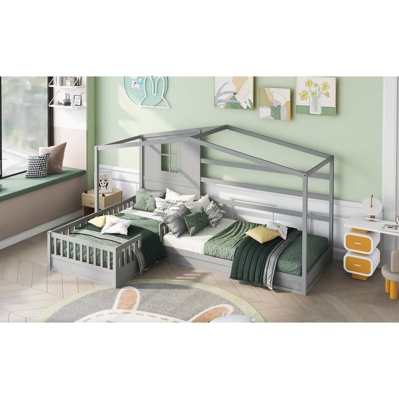 L-Shaped Twin Size Wood Platform Bed Creativity House Bed, 2 Twin Solid Bed with Fence and Slatted Frame