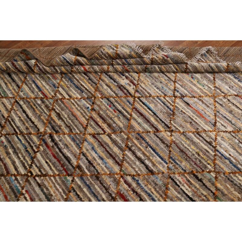 Hand Knotted Oriental 100% Wool Carpet Modern Stripe Multi-Colored Moroccan Area Rug - 9' 9'' X 6' 7''