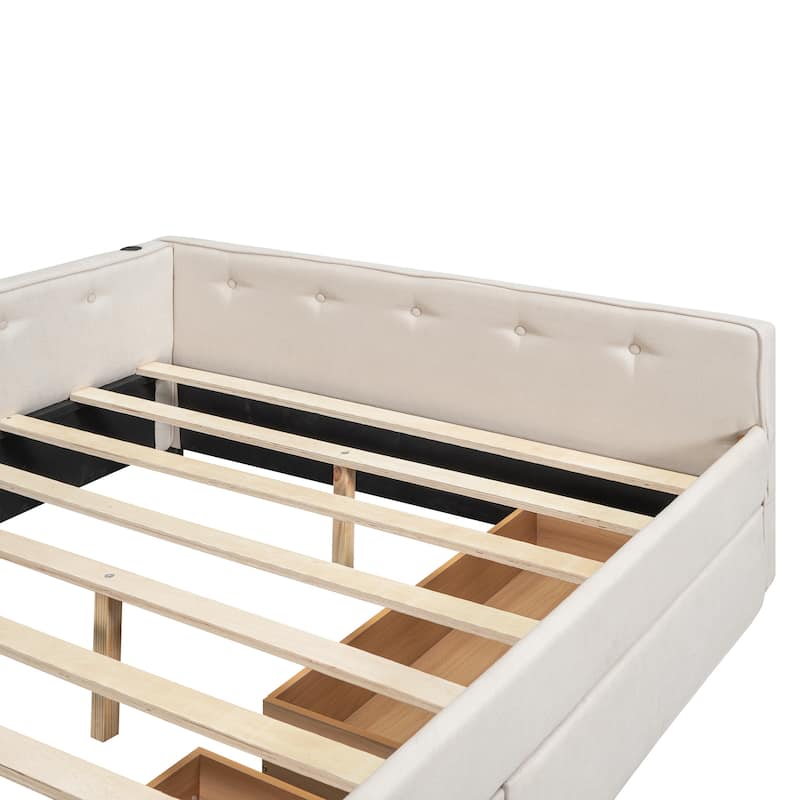 Roomfitters Full/Queen Size Upholstered Platform Bed with USB Port and Storage Base, Beige
