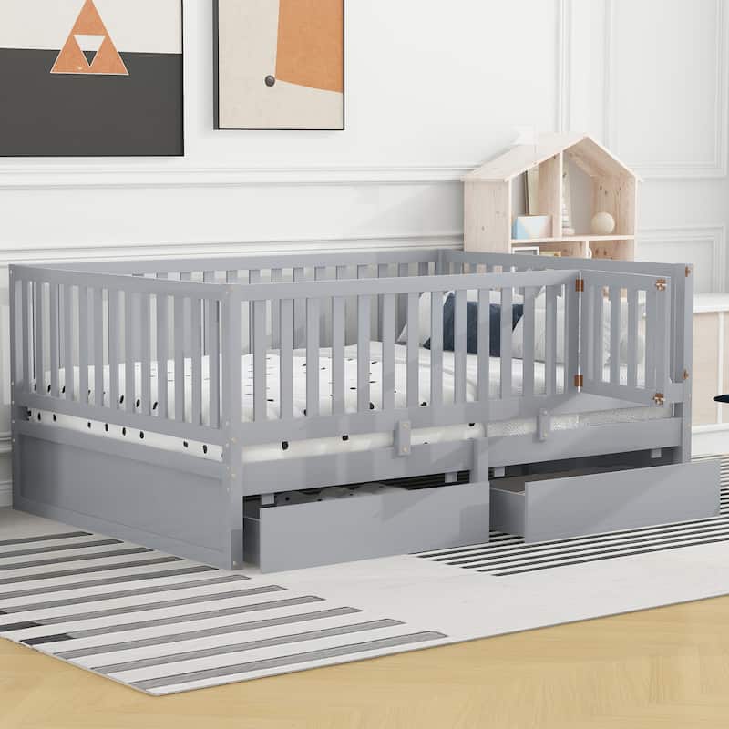 Full Size Wood Daybed with Fence Guardrails and 2 Drawers, Converts to Floor Bed or Daybed, Gray - Gray