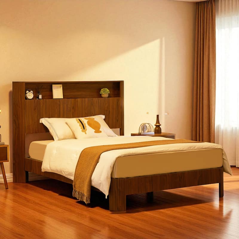 Full XL/Queen Bed Frame with Storage Headboard, USB Charging Station, Noise-Free Metal Platform with Curved Design