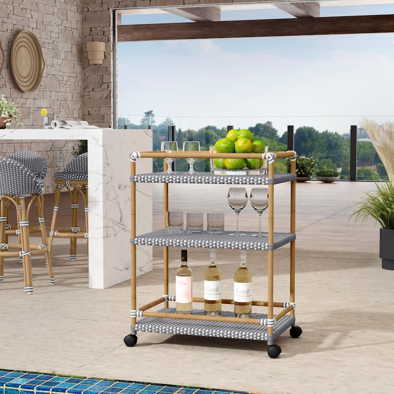 Tobias Outdoor Rattan and Metal 3- Tier Rattan Bar Cart