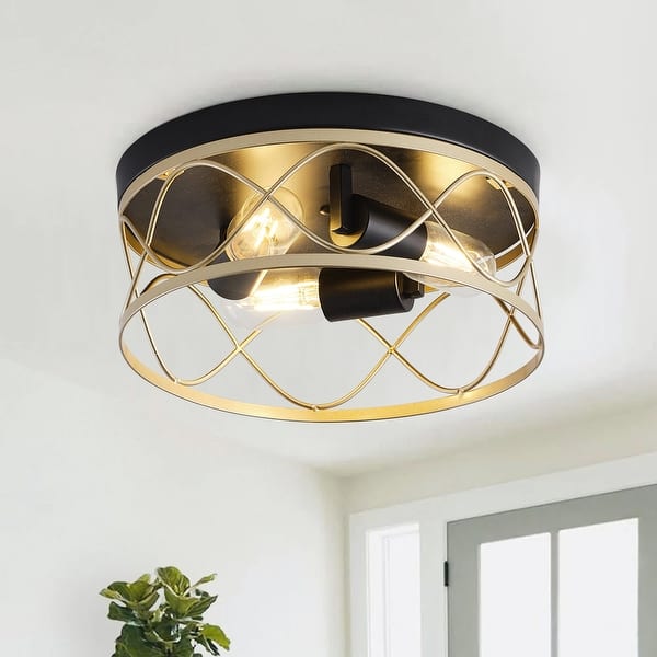 Industrial Gold 3-Light Brass Metal Drum Flush Mount Ceiling Lighting ...