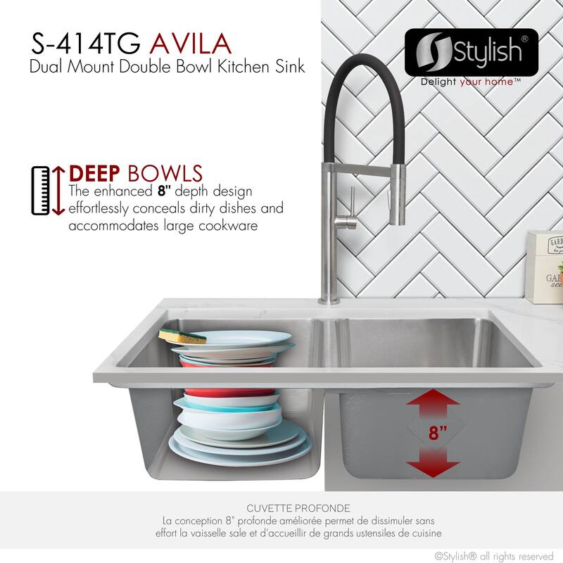 STYLISH 29 inch L x 18 inches W Double Bowl Undermount and Drop-in Stainless Steel Kitchen Sink - 29" x 18" x 8"