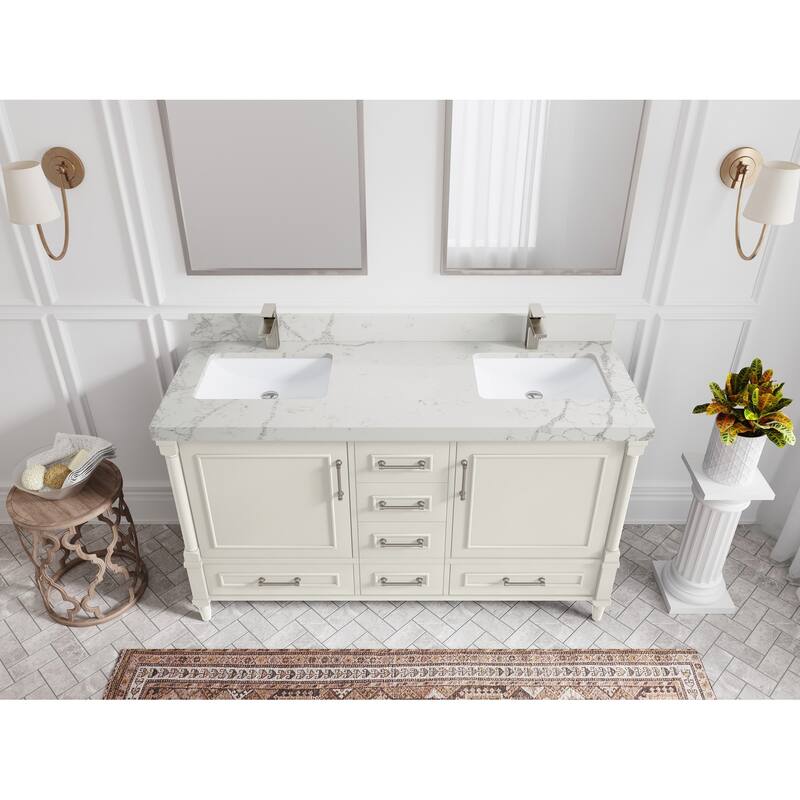 Willow Collections 60 in. W x 22 in. D Aberdeen Double Sink Bathroom Vanity with Countertop - 2" Venatino - Ivory