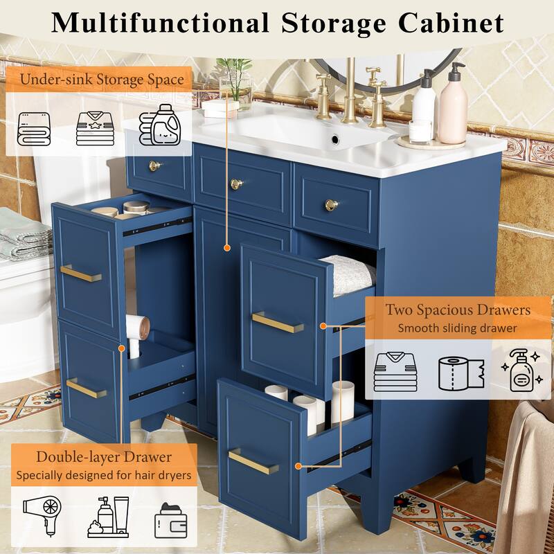 36 Inch Freestanding Bathroom Vanity with White Ceramic Basin and Door and Drawers