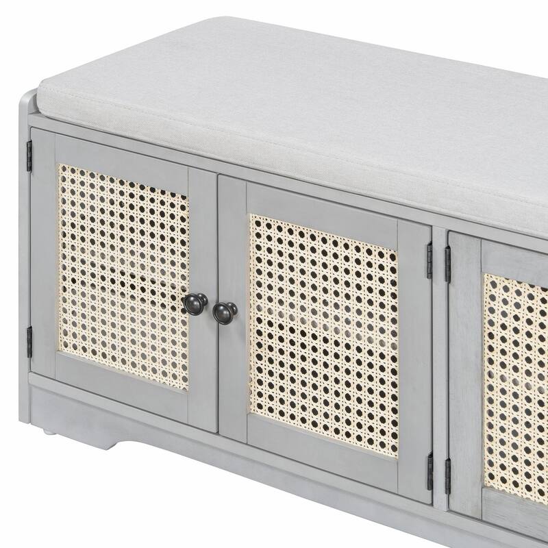 Rustic Storage Bench with Removable Cushion, Woven Rattan Doors & Adjustable Shelves