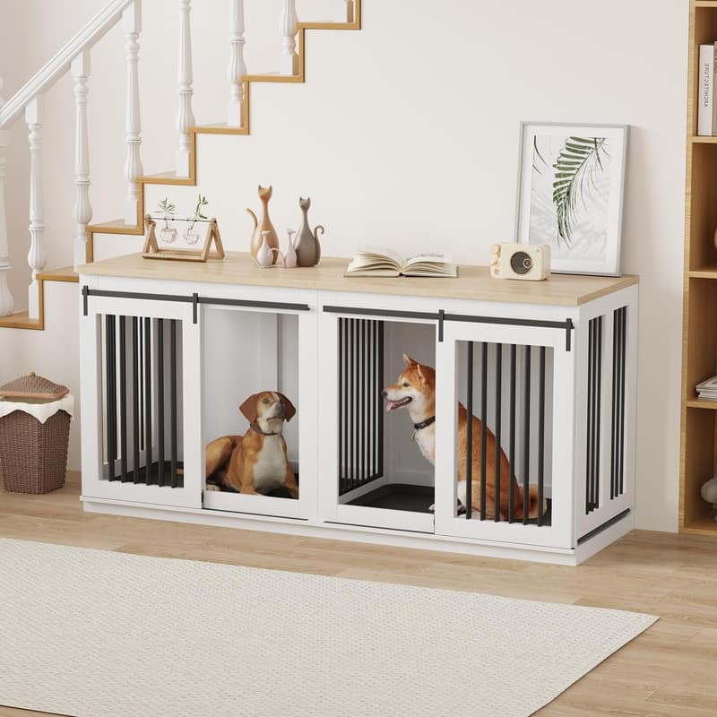 71inch Dual Dog Crate Furniture Heavy Duty Wooden Kennel withSliding Barn Doors Divider TV Stand for Large Breeds