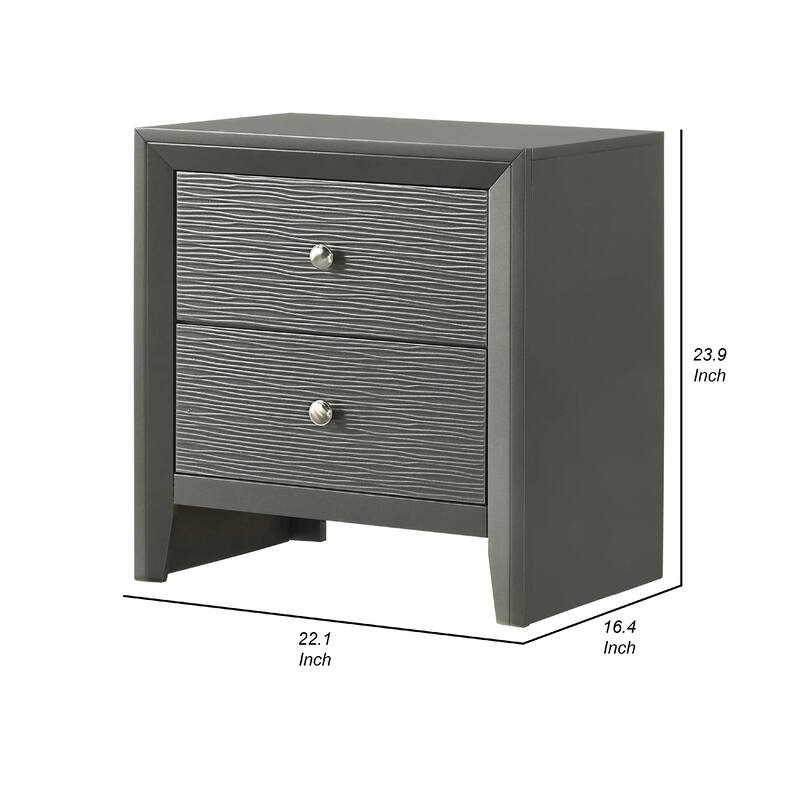 Deny Nightstand, 2 Drawers, Silver Round Knobs, Metallic Gray Wood