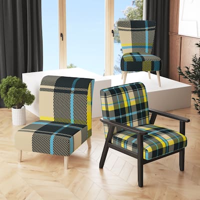Designart "Yellow and Blue Checked Tartan" Upholstered Patterned Accent Chair and Arm Chair