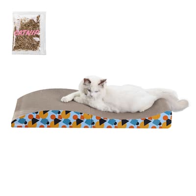 Eero 32" Modern Cardboard Foldable Lounge Cat Scratcher with Catnip, Blue/Orange