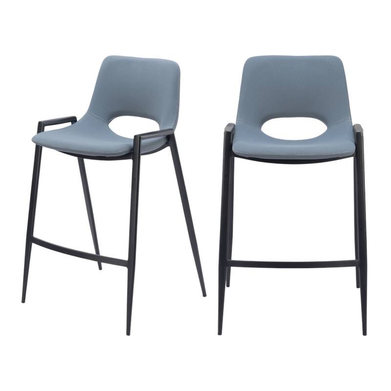 Set of Two 26" Blue And Black Faux Leather And Steel Low Back Counter Height Bar Chairs