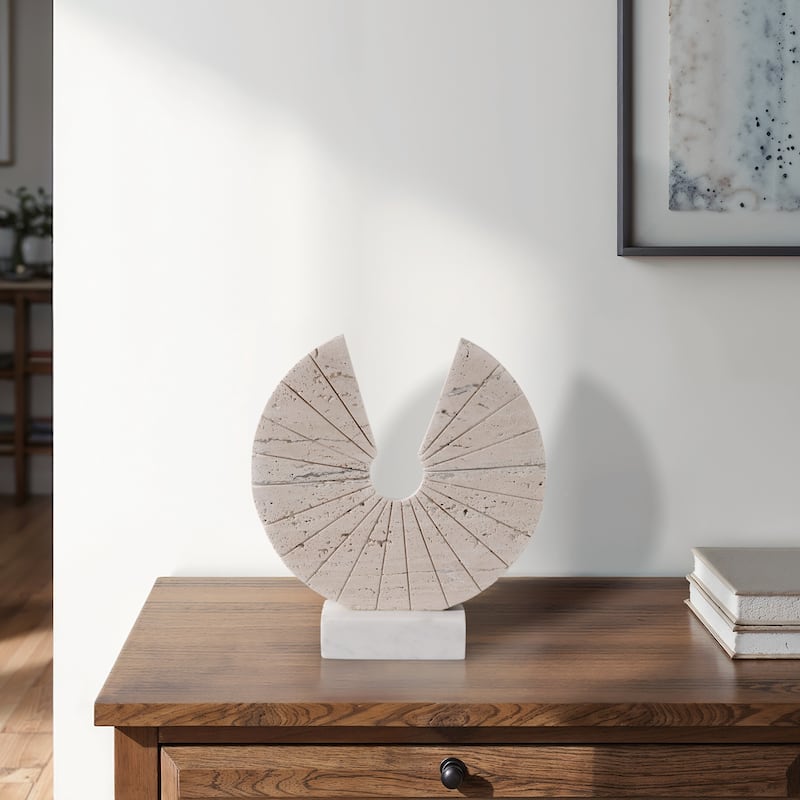 Travertine Marble Geometric Fan Modern Sculpture Decor - 11" Tan - 10" x 2" x 11"