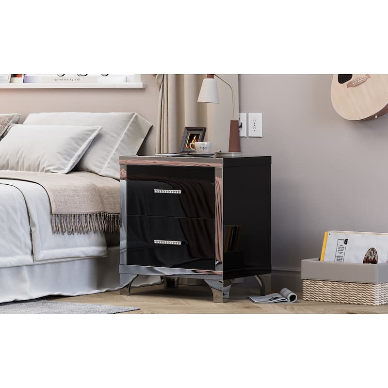 High Gloss Mirrored Nightstand with 2 Drawers,Modern End Table with Drawers,Mirrored High Gloss Wood Nightstand Metal Handle