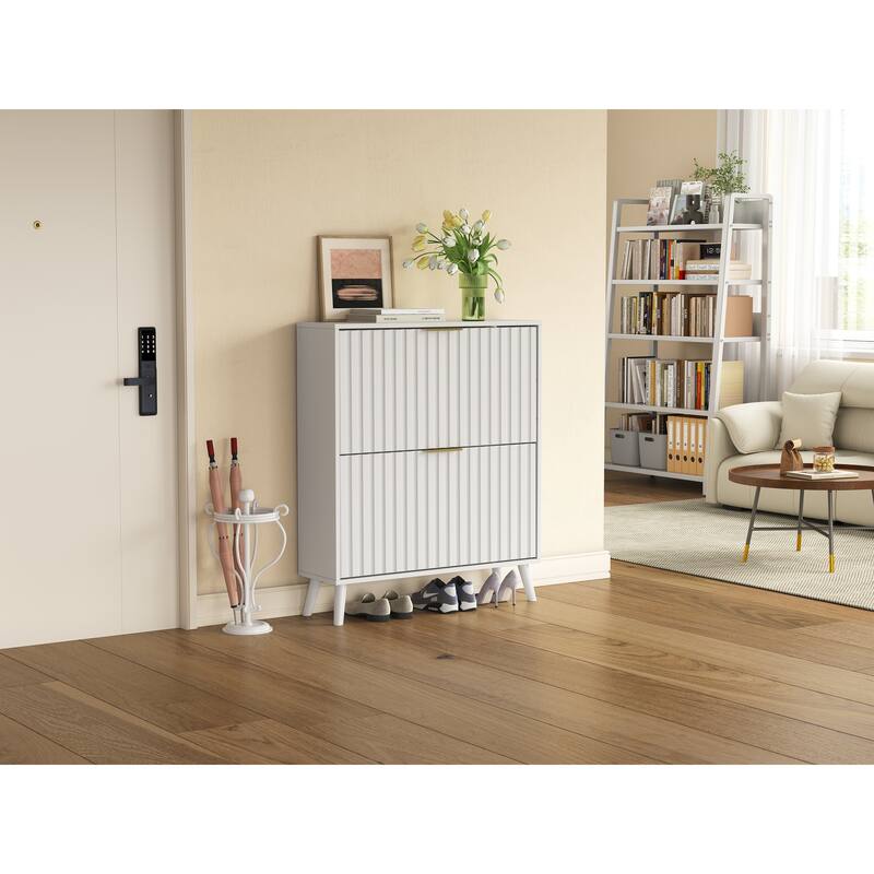 Tipping Bucket Narrow Shoe Cabinet, Multi-functional Shoe Rack Cabinet, Shoe Cabinet with Carved Doors & Solid Wood Legs