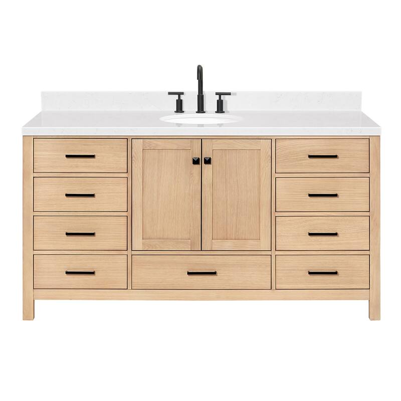 Ariel A066SCQOVO Cambridge 67" Free Standing Single Basin Vanity Set - Oak / Carrara White Quartz Top / Matte Black