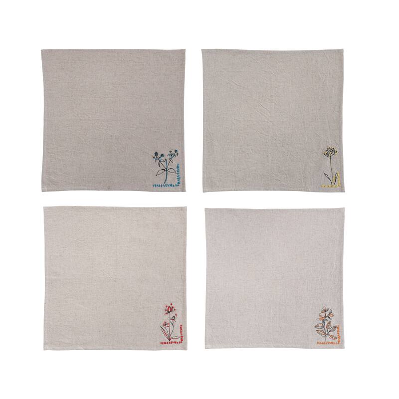 Cotton and Linen Napkins with Flower Embroidery and French Knot Design - 18.0"L x 18.0"W x 0.1"H - Set of 4 - 18.0"L x 18.0"W x 0.1"H - Natural