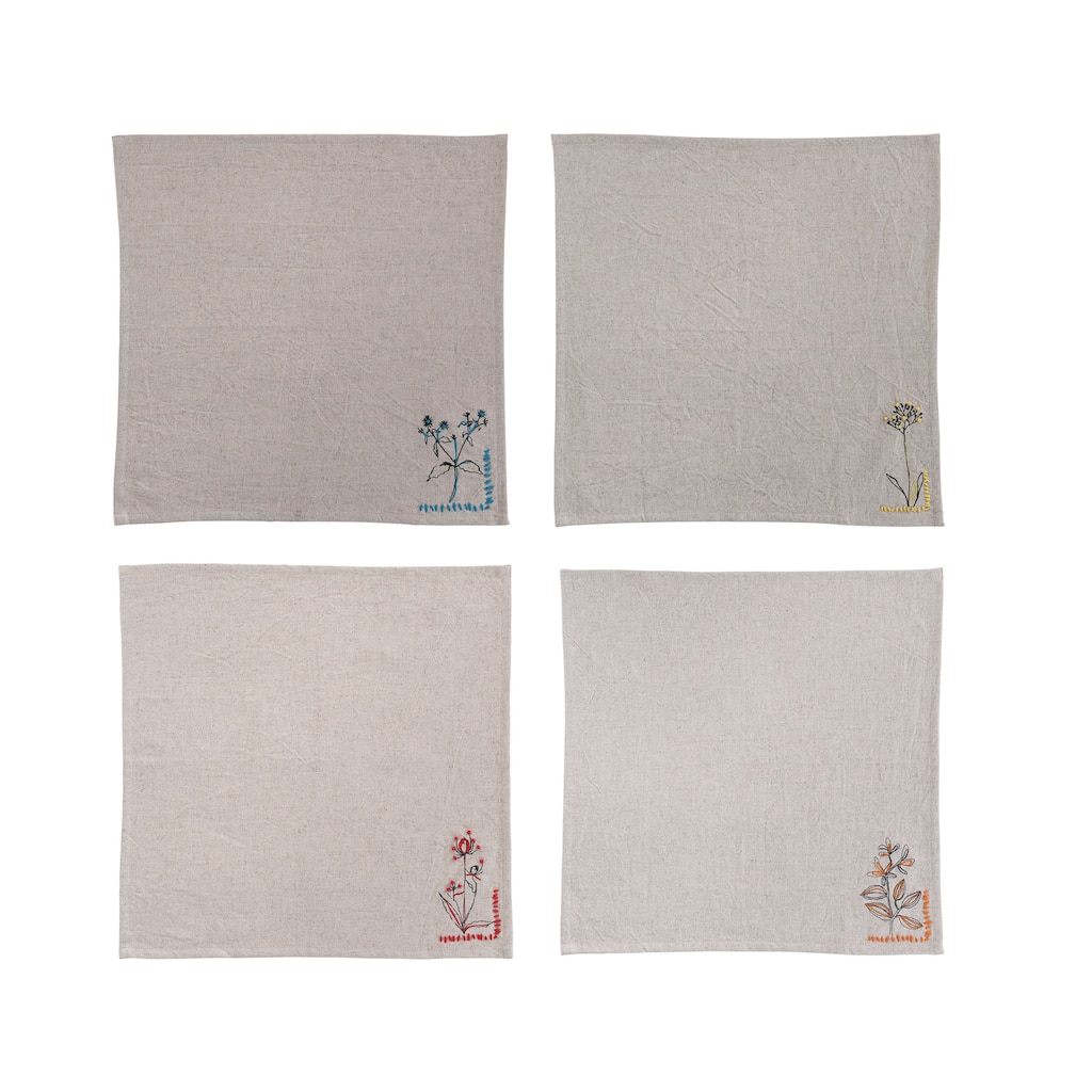 Cotton and Linen Napkins with Flower Embroidery and French Knot Design - 18.0"L x 18.0"W x 0.1"H