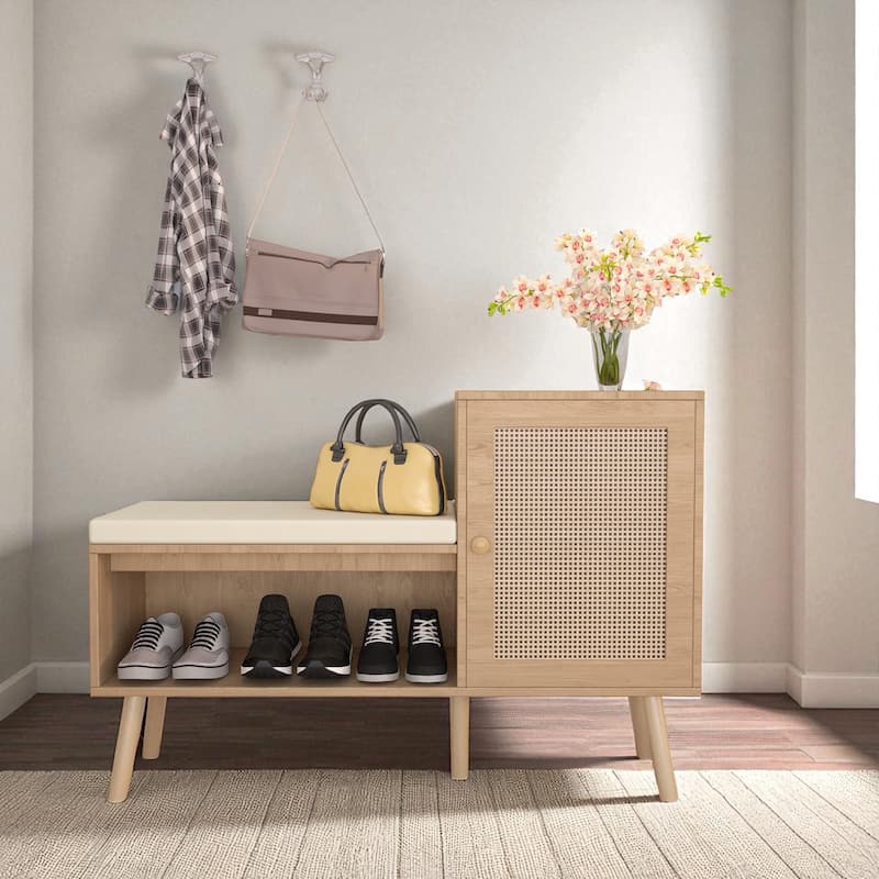 2-in-1 Shoe Storage Bench with Faux Rattan Doors, Adjustable Shelves & Removable Cushion for Entryway or Hallway