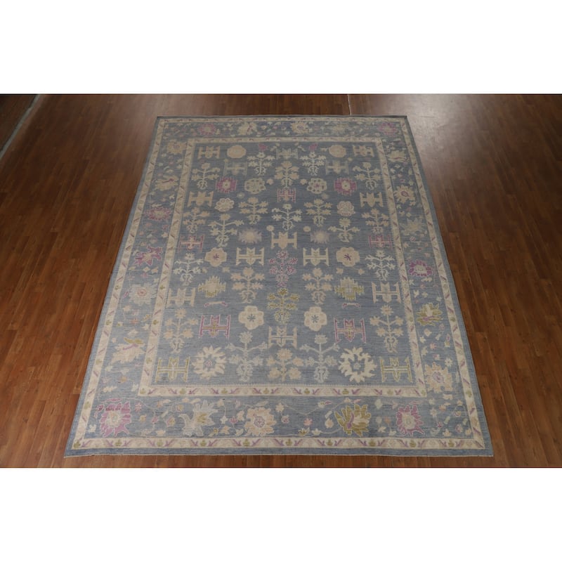 Oushak Turkish Area Rug Hand-Knotted Vegetable Dye Blue Wool Carpet - 9'3" x 11'11"