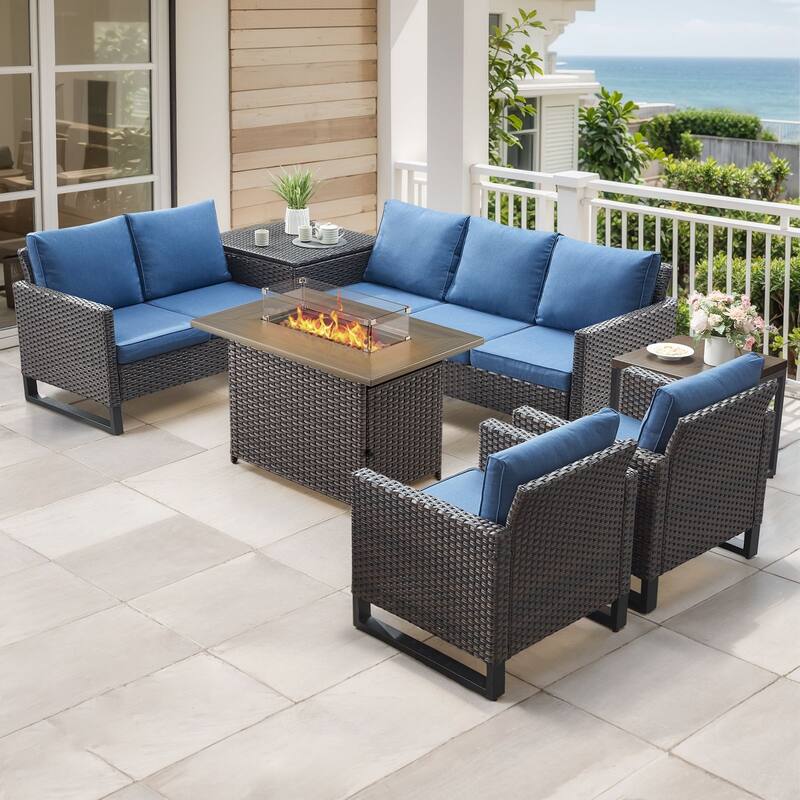 Gymojoy 7 Person All-Weather Wicker Outdoor Conversation Set Seating Group With Fire Pit Table