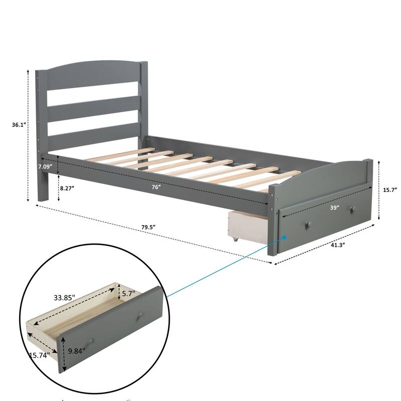 Oaks Aura Platform Twin Bed Frame with Storage Drawer and Wood Slat Support No Box Spring Needed, 4 Colors