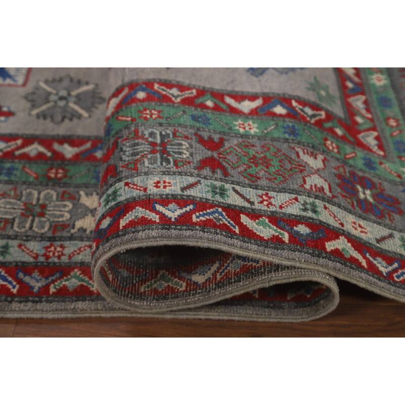 Geometric Kazak Area Rug Handmade Oriental Grey Wool Carpet - 5'6" x 7'9"