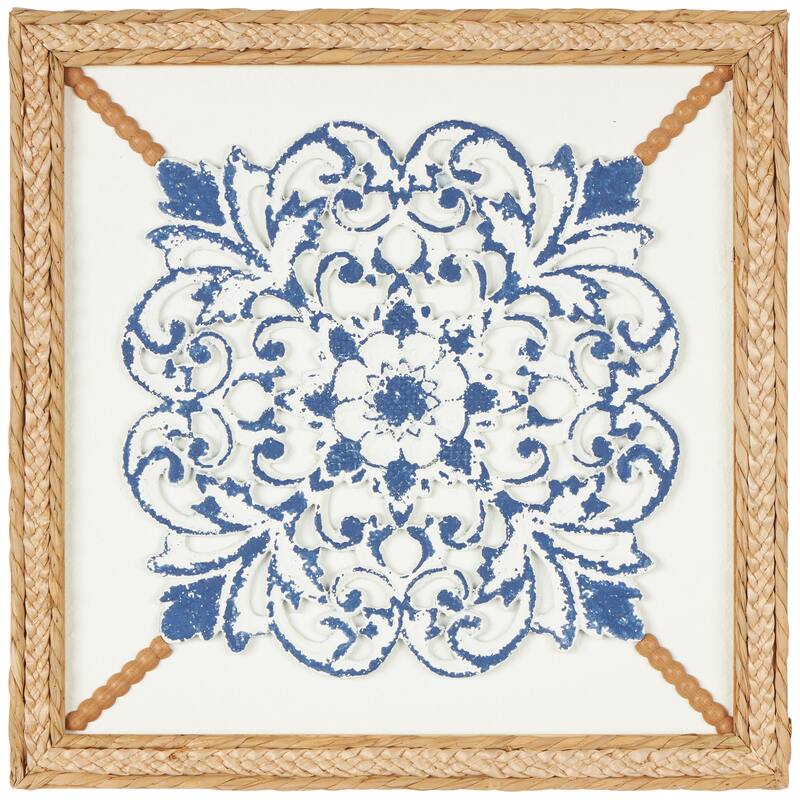Blue Wood Relief Floral Home Wall Decor with Brown Woven Seagrass Frame and White Backing