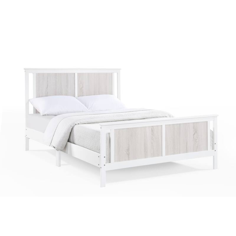 HomeRoots White and Gray Reversible Inlaid Panels Solid Wood Full Bed Frame